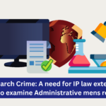 Illustration of intellectual property (IP) research with a computer, document, shield, microscope, and laboratory beaker, emphasizing the need for extending IP law to address administrative mens rea in research-related crimes.