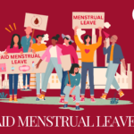 Group of diverse protesters holding signs demanding "Paid Menstrual Leave" with bold colors, representing a movement for women's rights and workplace equality. The image shows people advocating for menstrual leave policies with symbolic visuals like pads and menstrual icons.